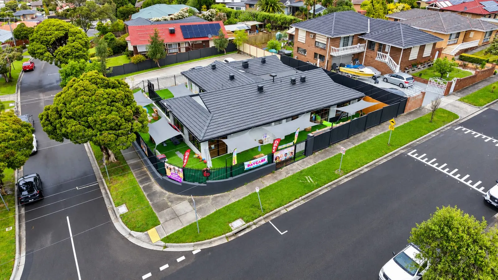Aerial view of the YoMy Sunshine centre on a corner in Dandenong North