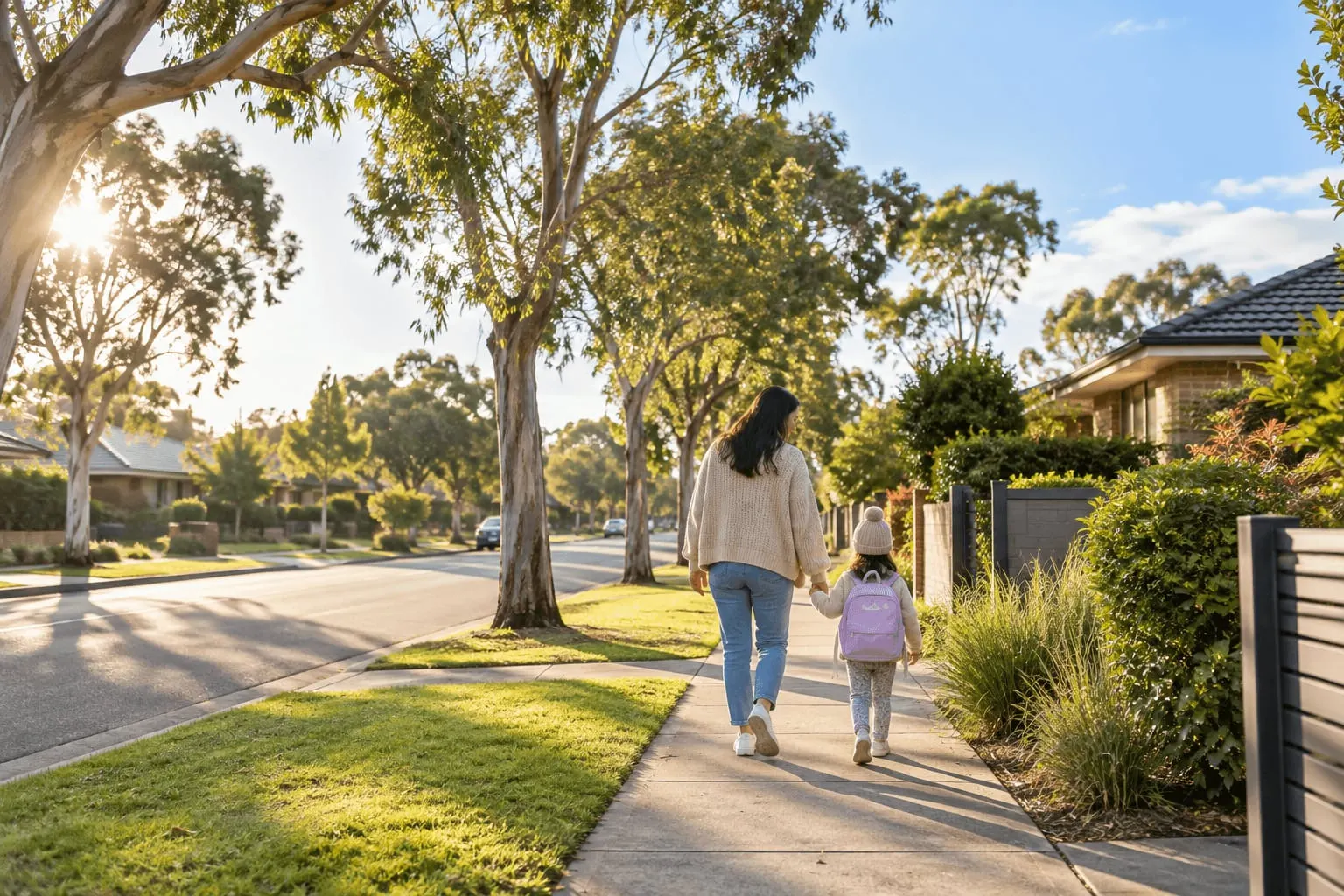 A parent and young child walking hand in hand along a leafy suburban footpath on a sunny morning