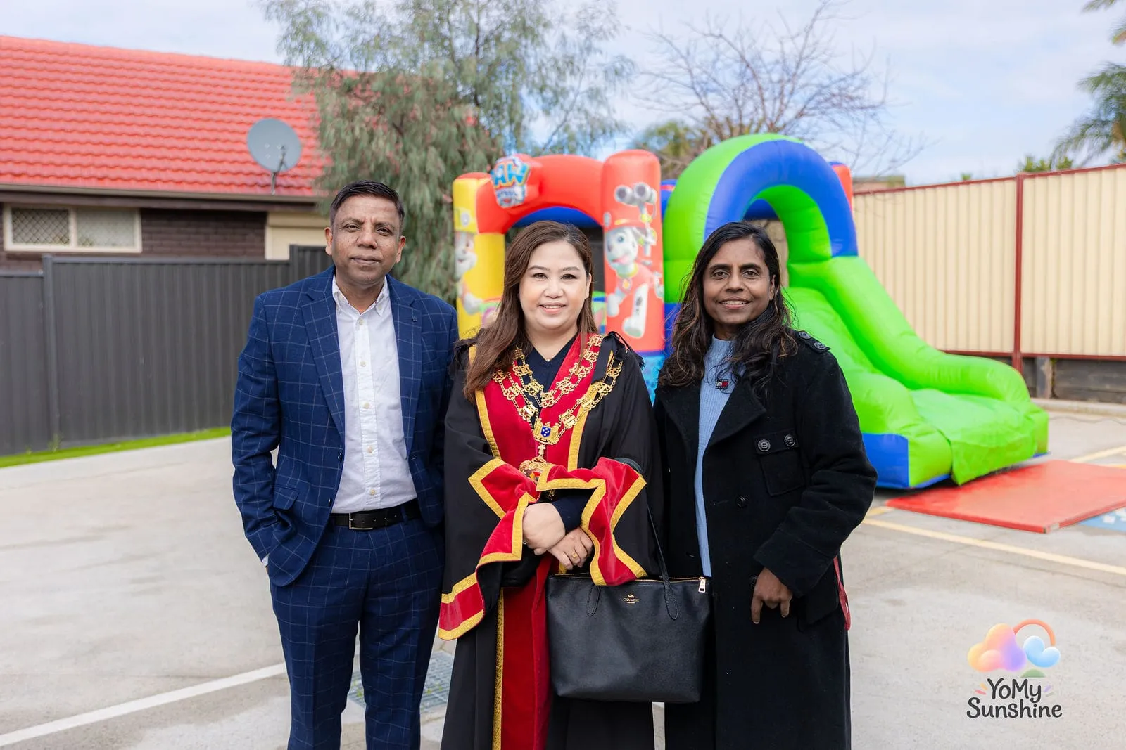 The Mayor by the jumping castle, at the YoMy Sunshine grand opening in Dandenong North